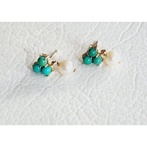 Vintage 14k Yellow Gold Bead Turquoise & 5.9mm Pearl Floral Dangle Earrings 2.1g - Picture 6 of 12